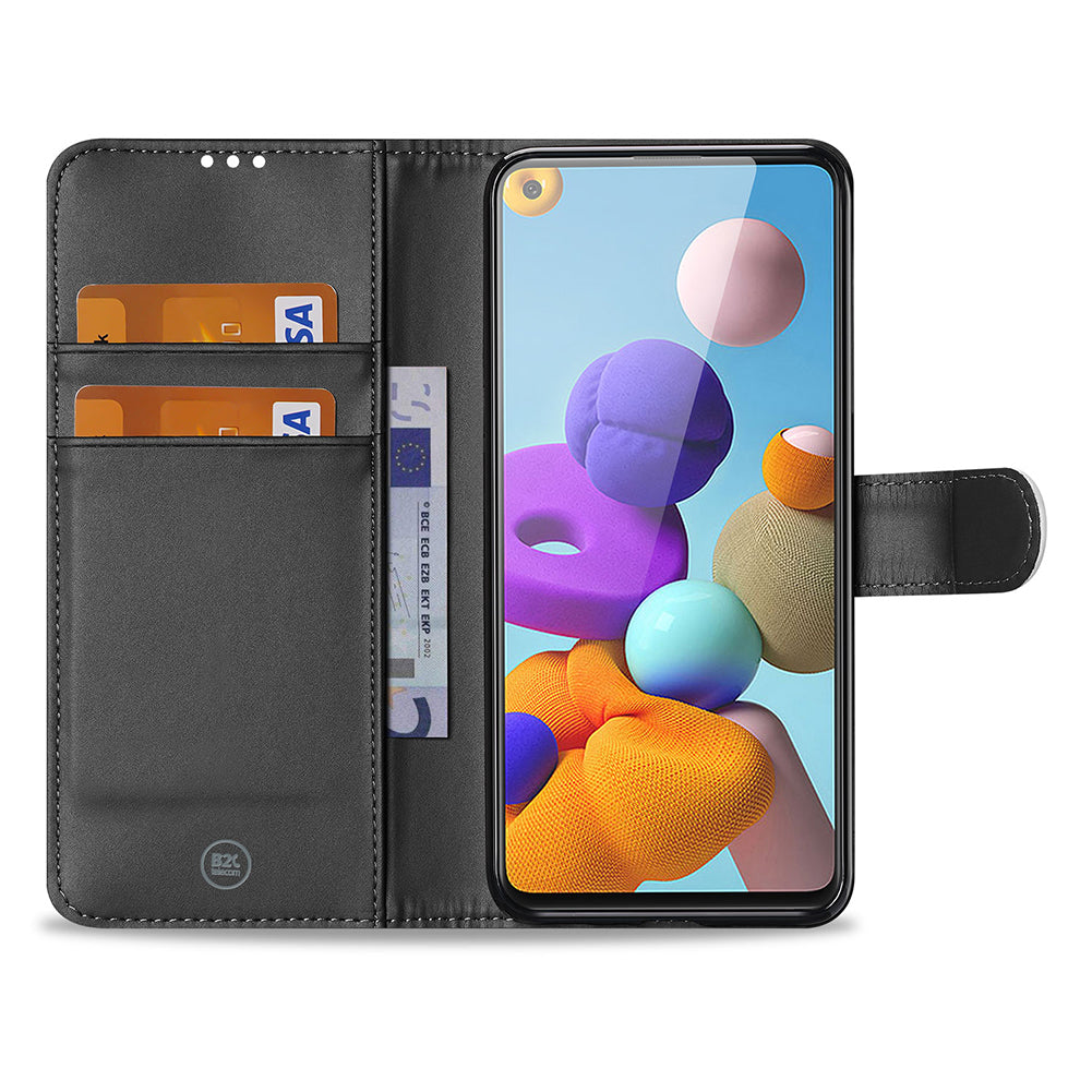 Galaxy A21s Hoesje Ontwerpen met Foto's - Zwart telefoonhoesje met kaartvakjes en kleurrijk scherm.