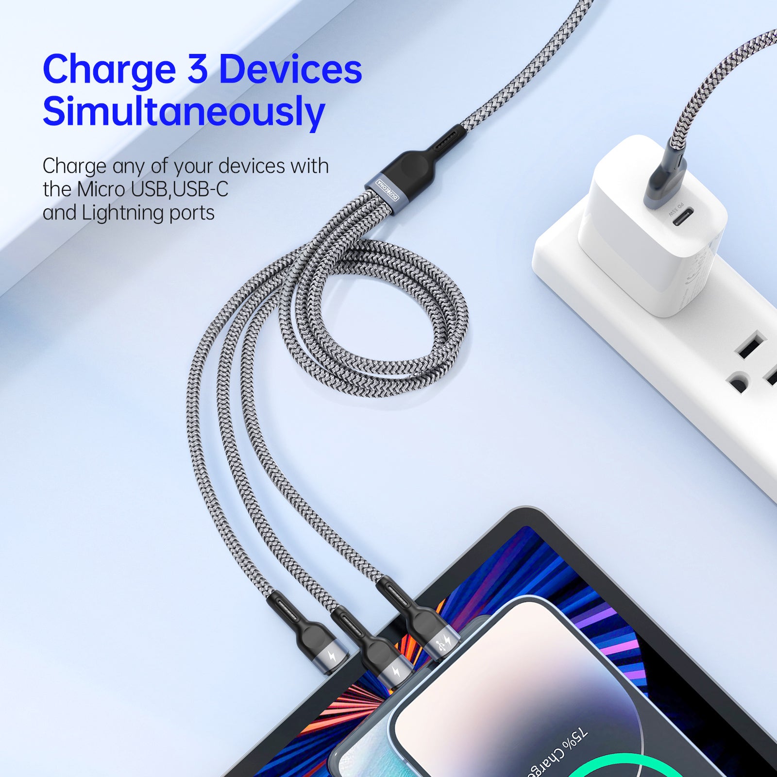 3-in-1 Kabel met Micro USB, Lightning en USB-C