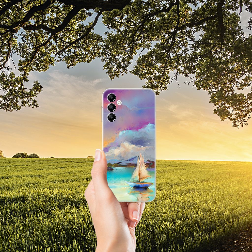 Hoesje maken Samsung Galaxy A14 5G Boat met abstracte boot en kleurrijke lucht, perfect voor kunstliefhebbers.