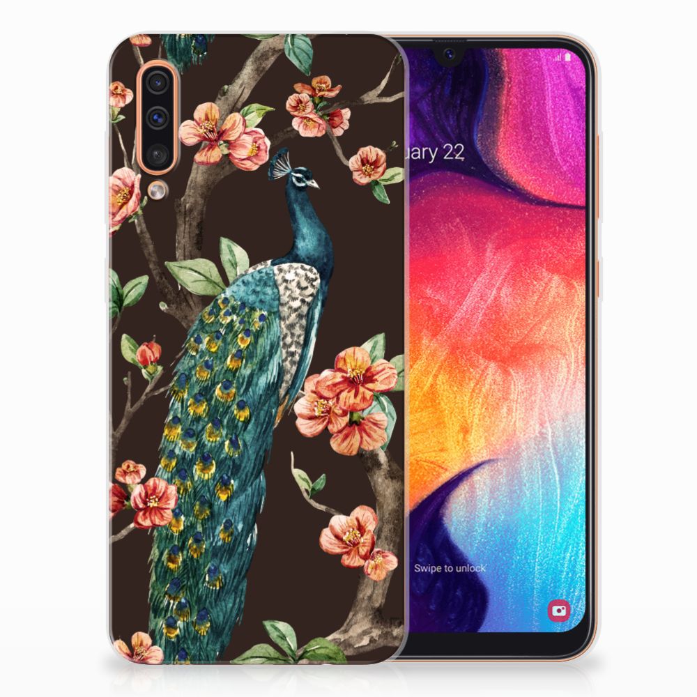 Samsung Galaxy A50 TPU Hoesje Pauw met Bloemen