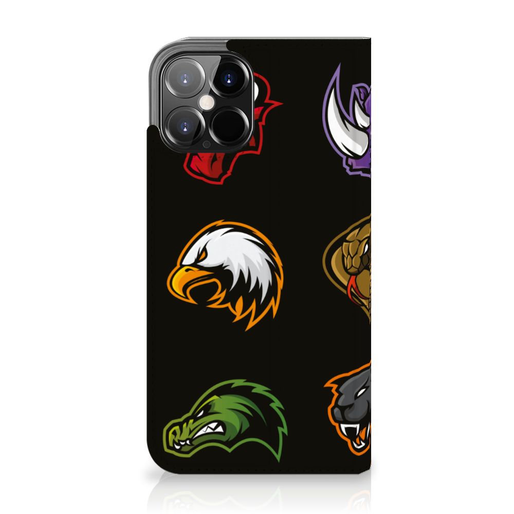 iPhone 12 Pro Max Magnet Case Cartoon met verschillende cartoonachtige dieren en logo's op een zwarte achtergrond.