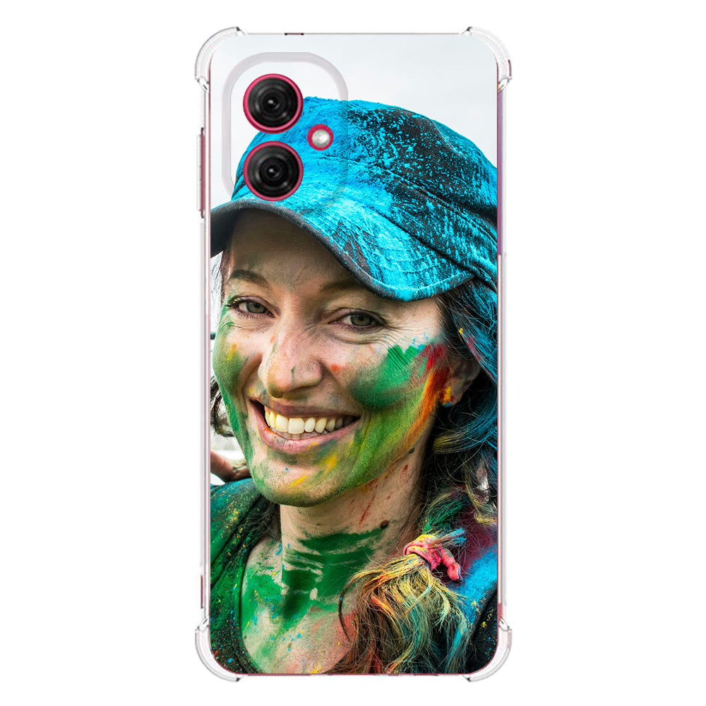 Anti-Shock Back Cover Hoesje Maken Motorola Moto G55 met kleurrijke schilderkunst en glimlachende vrouw