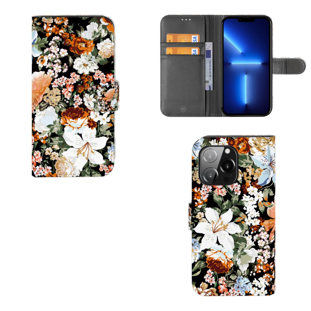 Hoesje voor iPhone 13 Pro Dark Flowers met kleurrijke bloemen en ruimte voor drie pasjes 🌸.