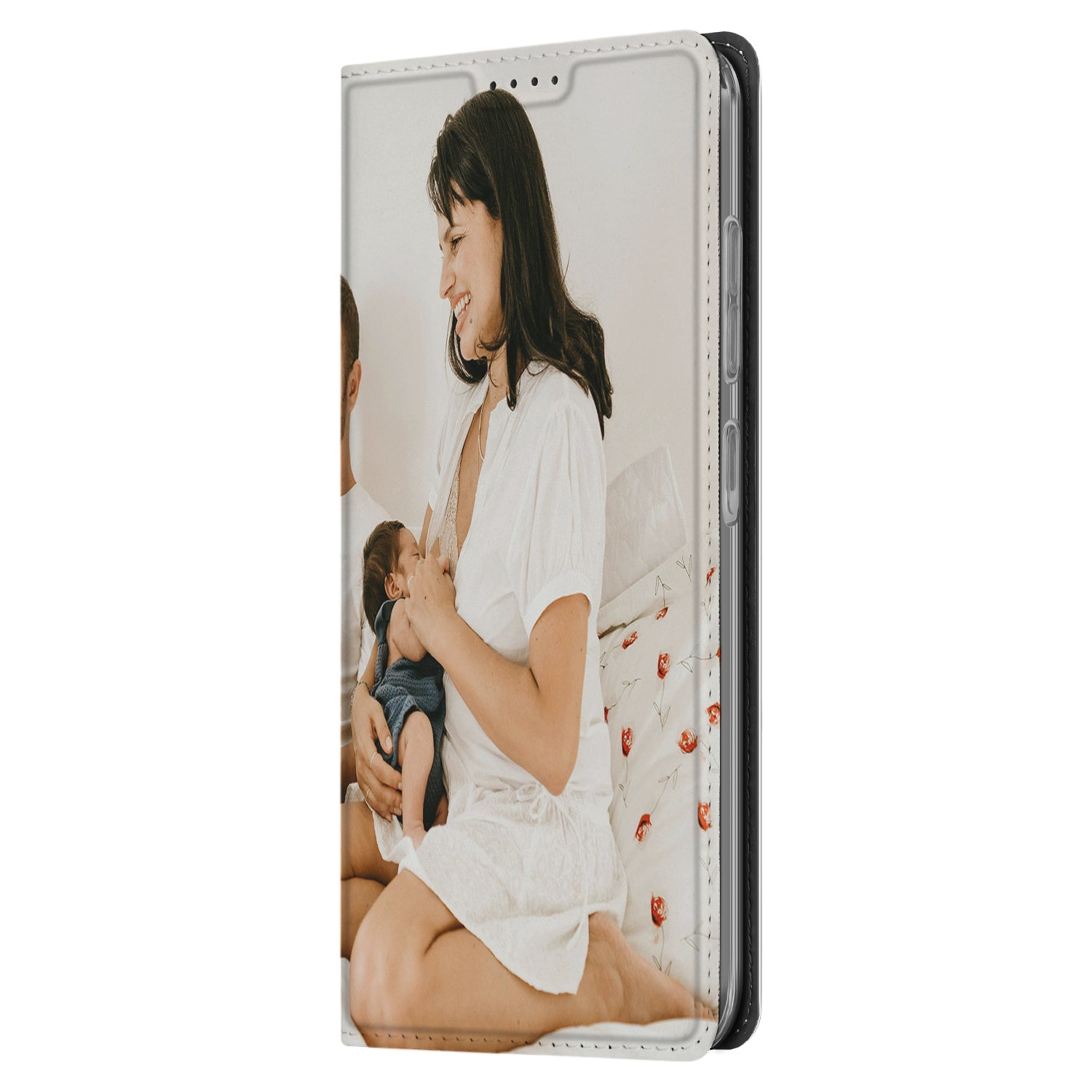 Stand Case Hoesje Maken Samsung Galaxy S24 FE met foto van een moeder en kind op bed.