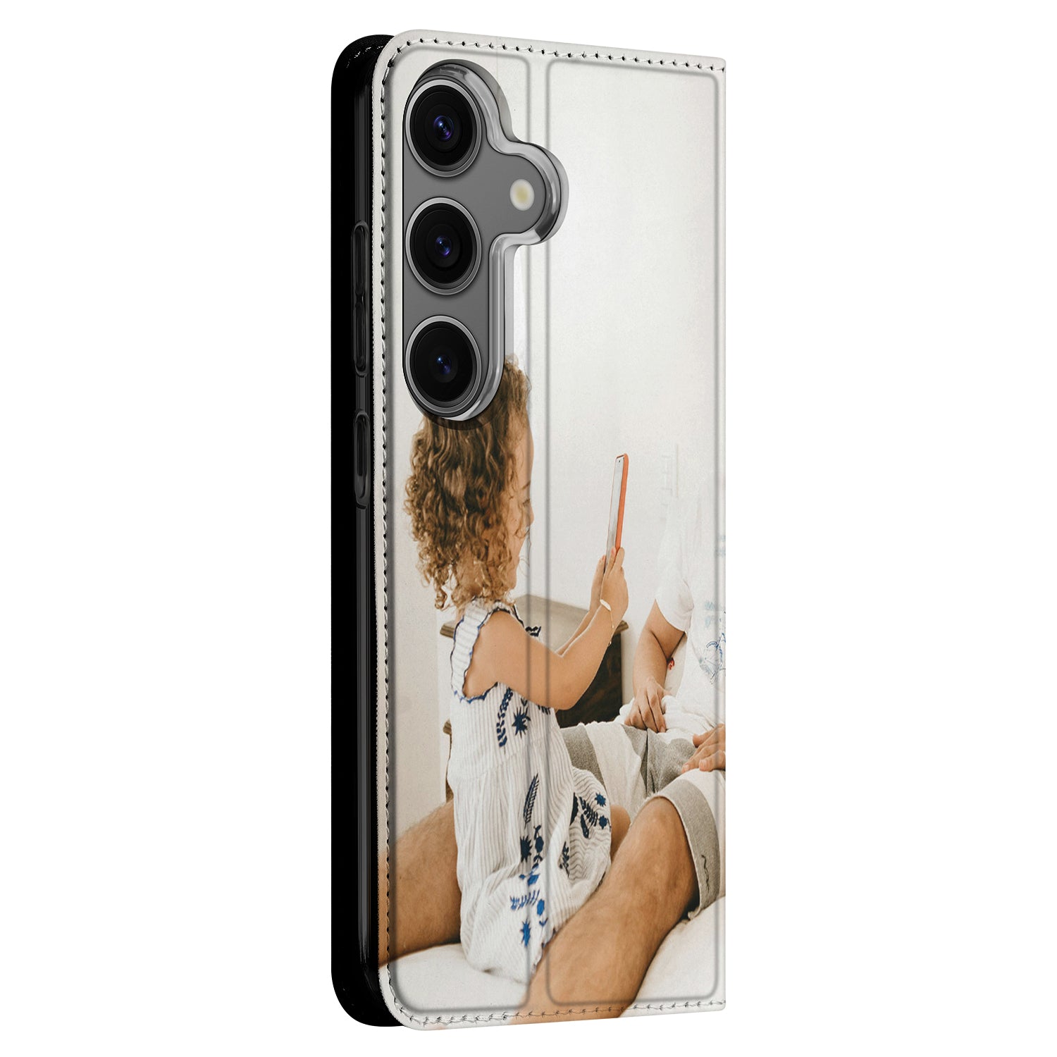 Stand Case Hoesje Maken Samsung Galaxy S24 FE met afbeelding van kind en ouder op de voorkant.