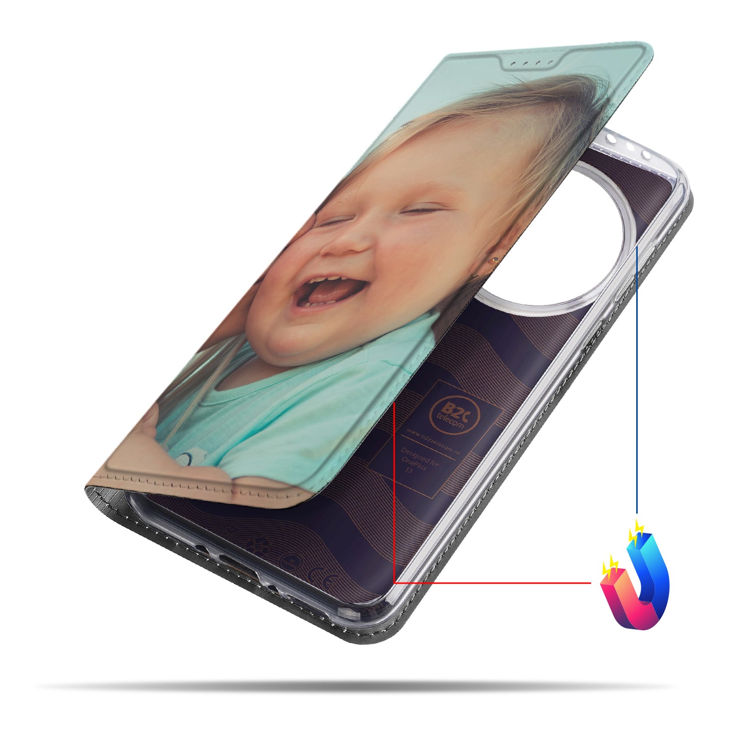 Stand Case Hoesje Maken OnePlus 13 met foto van lachend kind, ontwerp je unieke telefoonhoesje bij B2C Telecom.