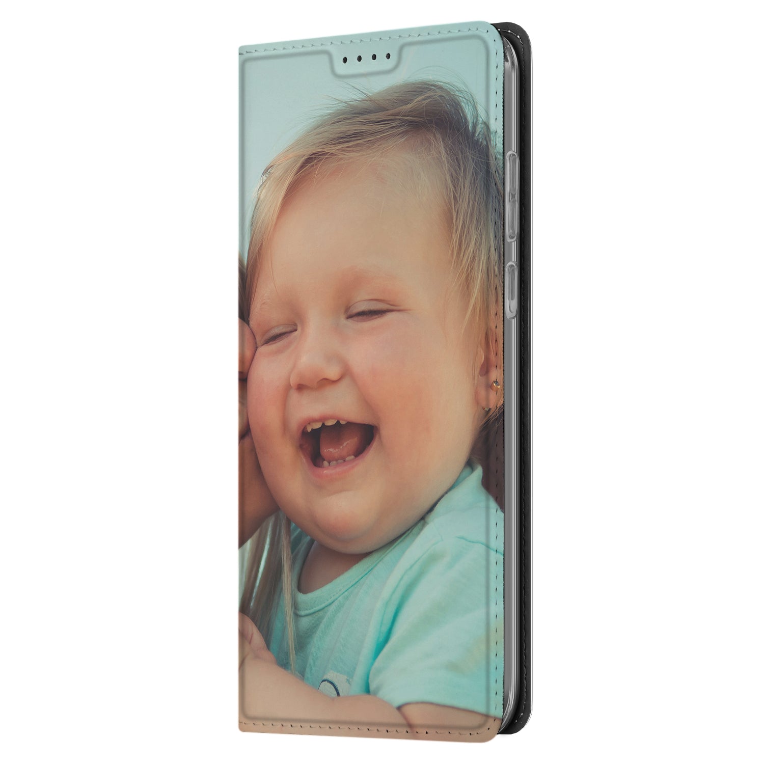 Stand Case Hoesje Maken OnePlus 13 met een afbeelding van een lachend kind op de voorkant.