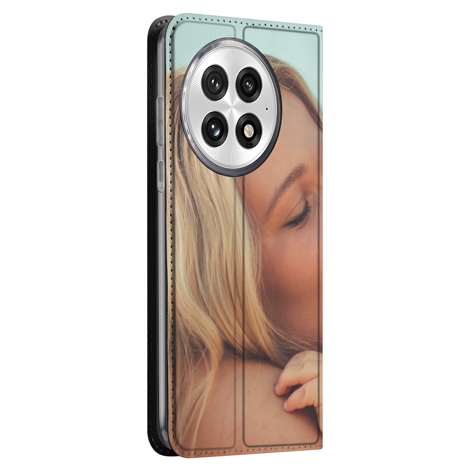 Stand Case Hoesje Maken OnePlus 13 met gepersonaliseerde foto van moeder en kind.