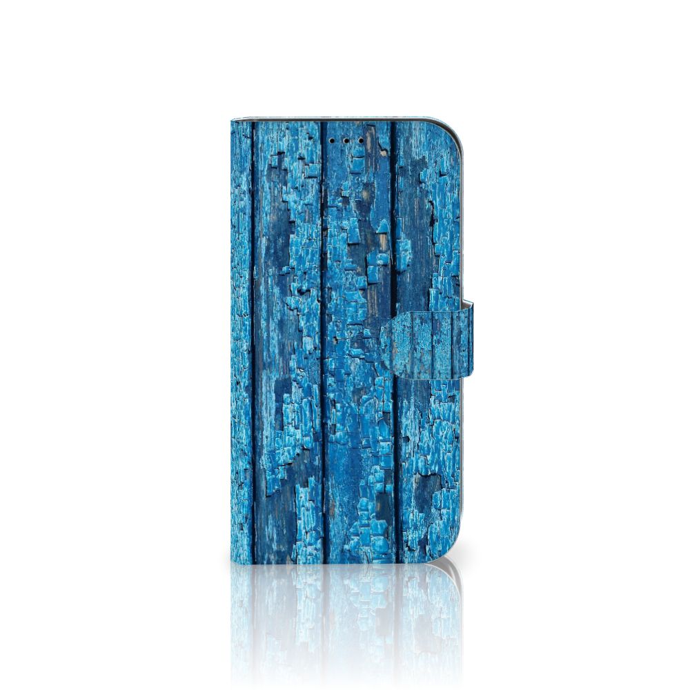 iPhone 13 Pro Max Book Style Case Wood Blue met een prachtig blauw afgebladderd houten ontwerp 🌊.