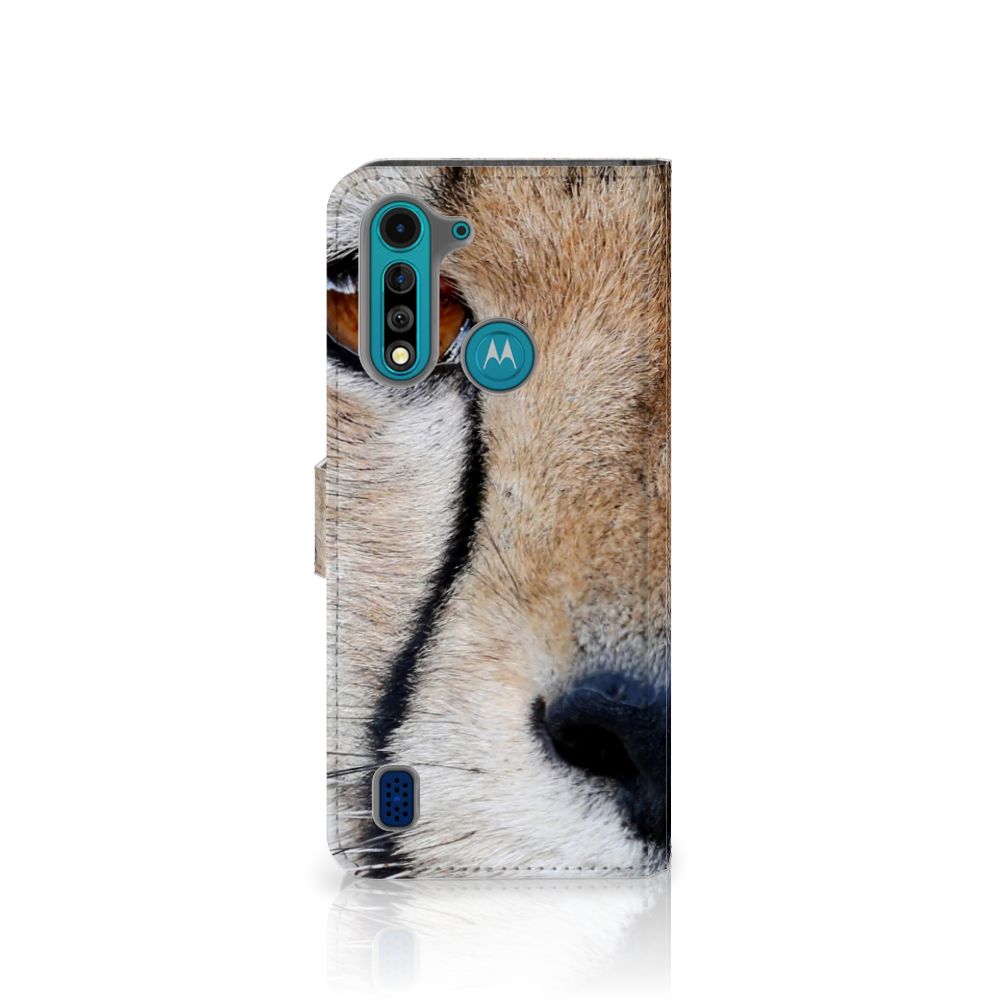 Motorola G8 Power Lite Telefoonhoesje met Pasjes Cheetah met close-up van cheeta gezicht
