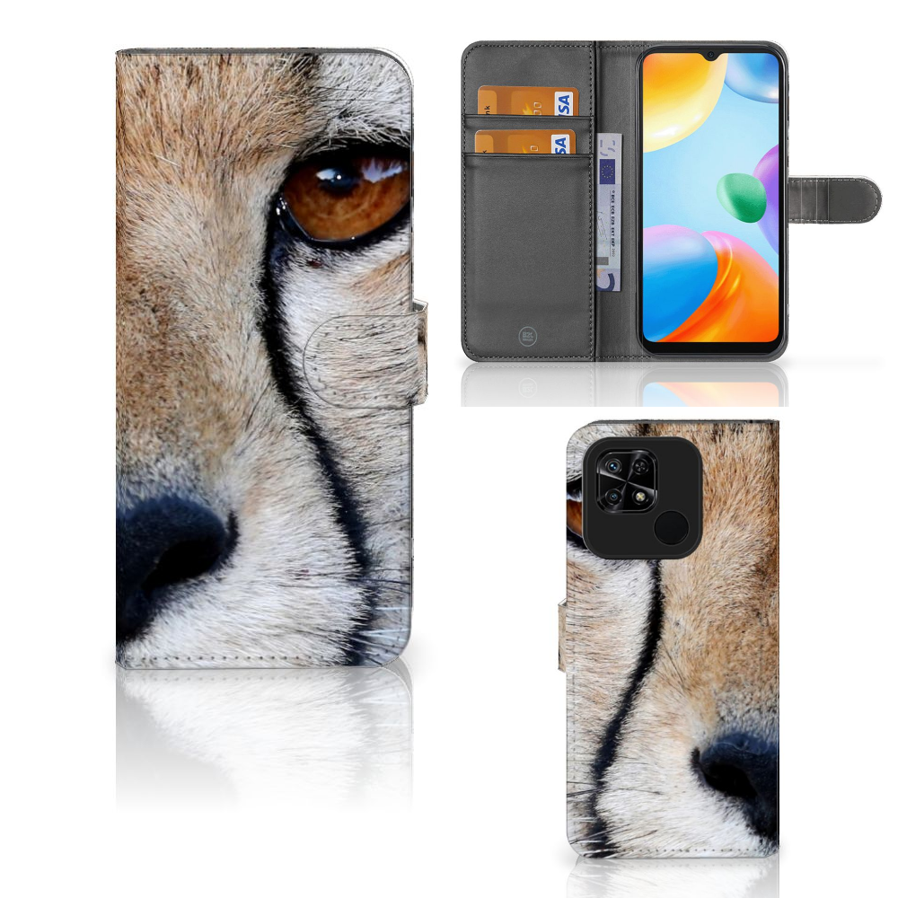 Xiaomi Redmi 10C Telefoonhoesje met Pasjes Cheetah met close-up van cheeta en ruimte voor 3 pasjes