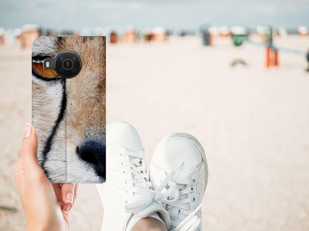 Nokia X20 | X10 Hoesje maken Cheetah met close-up van een jachtluipaard op strandachtergrond.