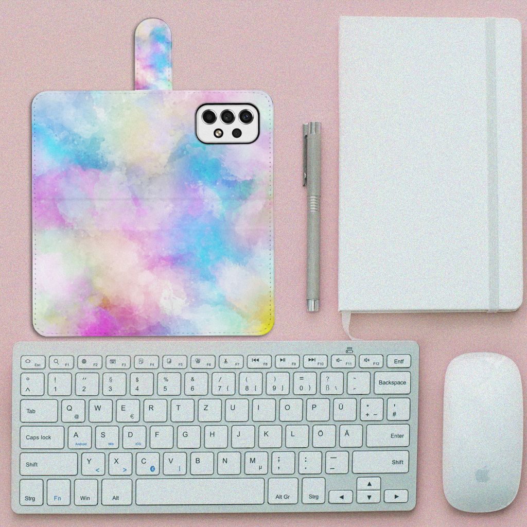 Hoesje Samsung Galaxy A53 Watercolor Light on a pink background with keyboard and notebook.