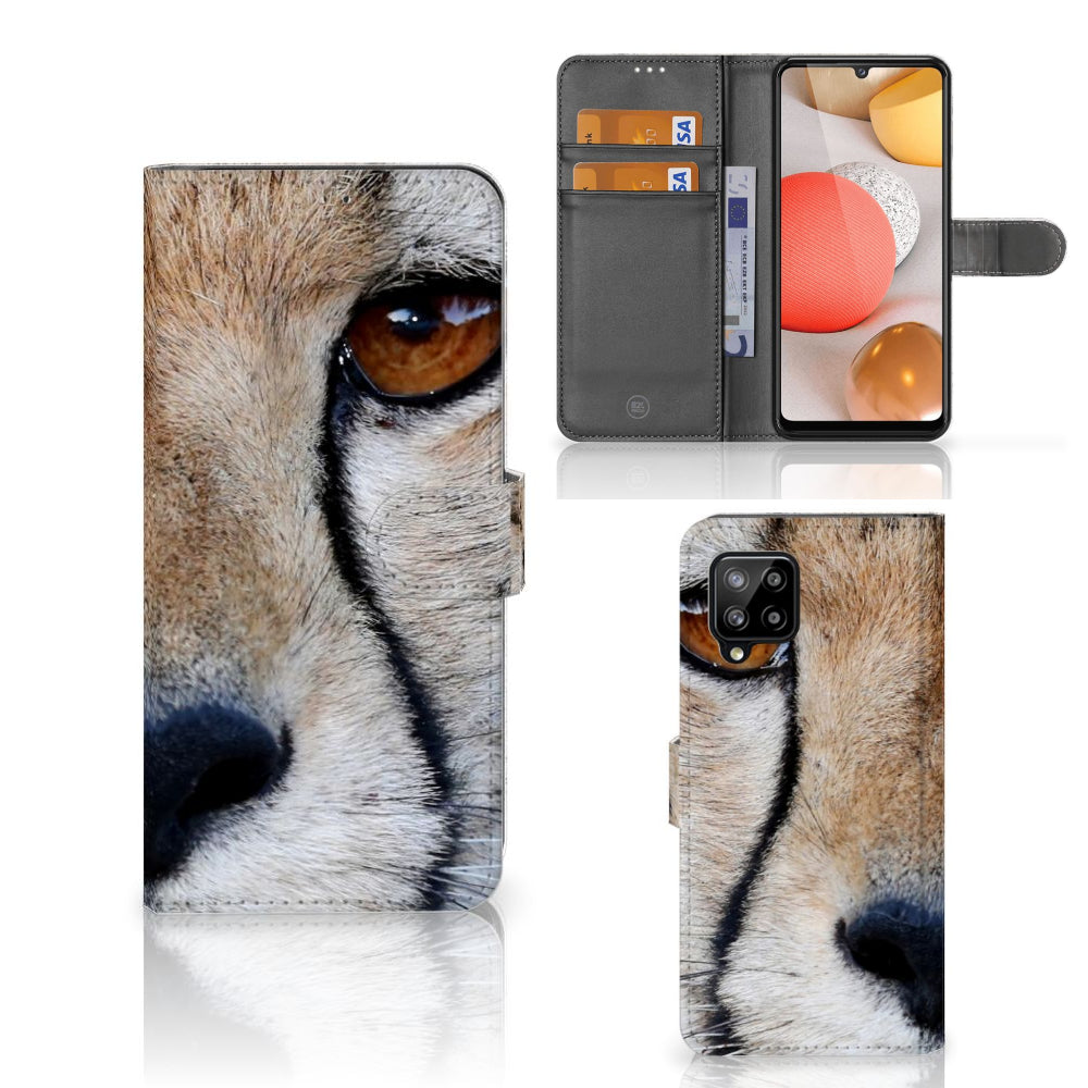 Samsung Galaxy A42 5G Telefoonhoesje met Pasjes Cheetah met close-up van cheeta oog