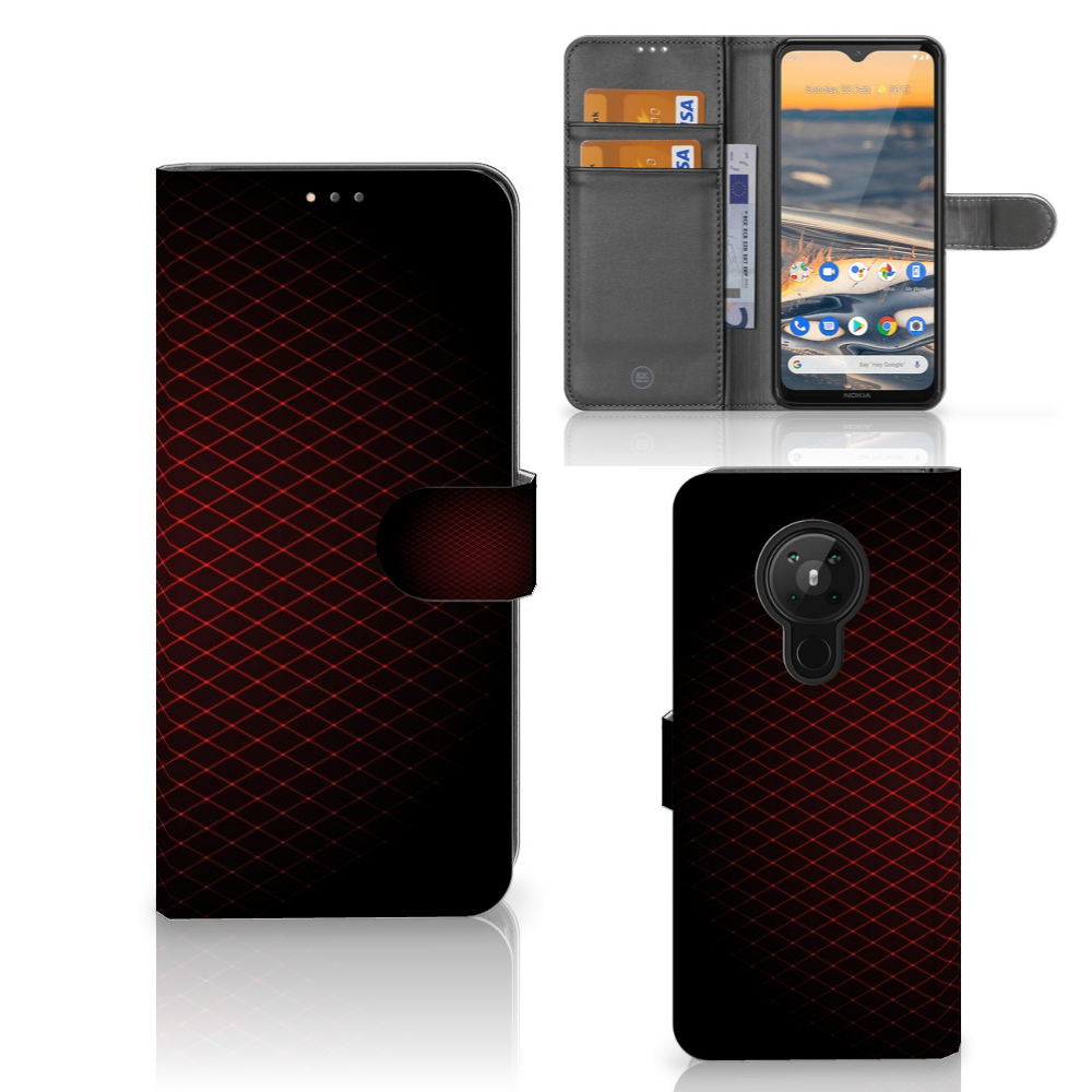 Nokia 5.3 Telefoon Hoesje Geruit Rood met ruimte voor 3 pasjes en minimalistisch design.