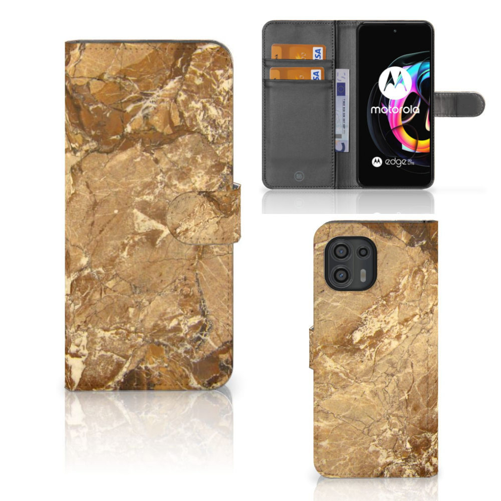 Motorola Edge 20 Lite Bookcase Marmer Creme met marmeren afwerking en kaartenhouder.