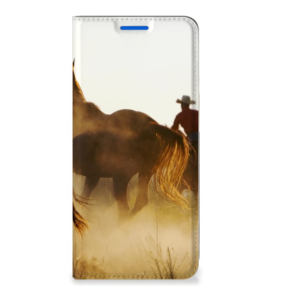 OPPO Reno6 5G Hoesje maken Design Cowboy met paarden en cowboy in een gouden zonsondergang