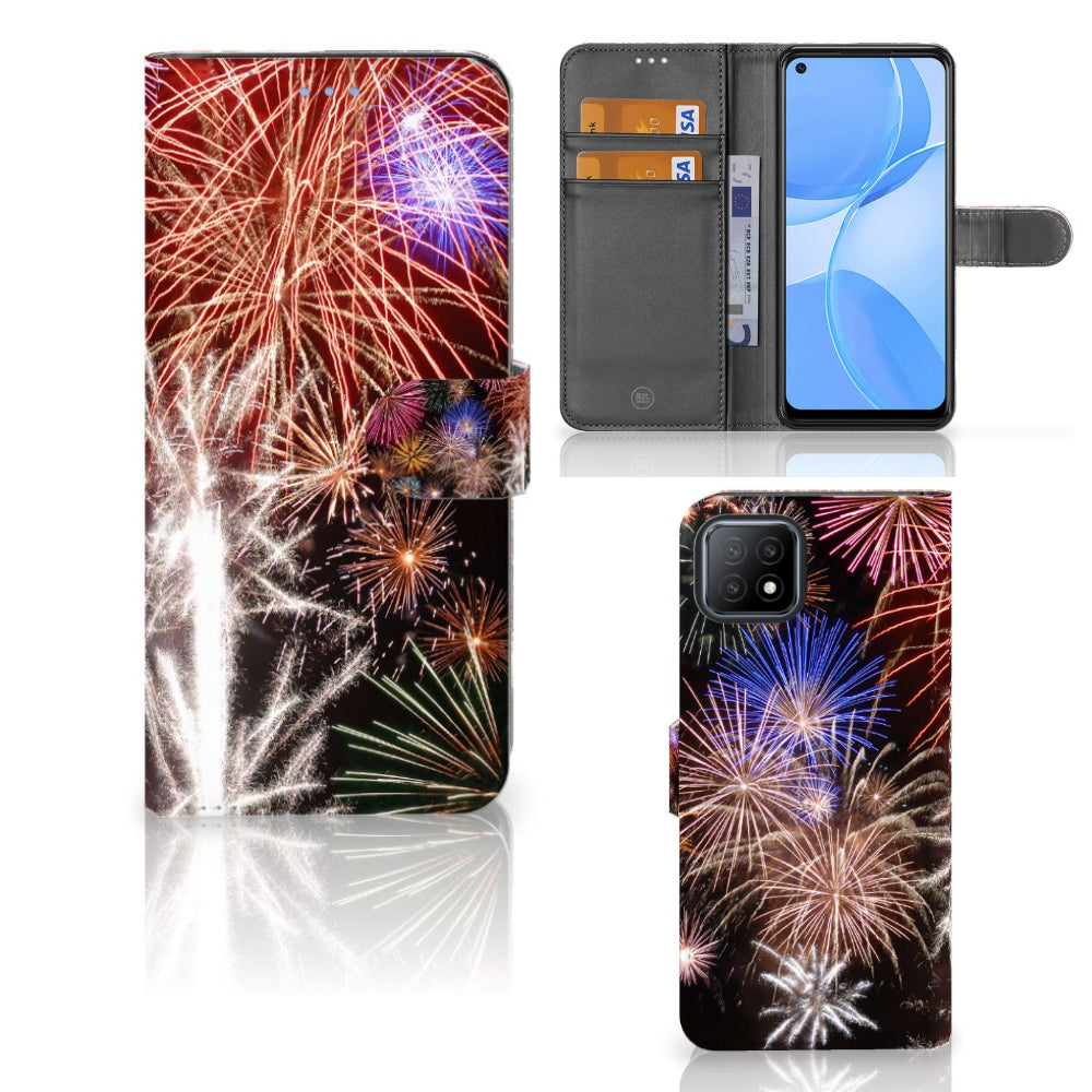 OPPO A73 5G Wallet Case met Pasjes Vuurwerk