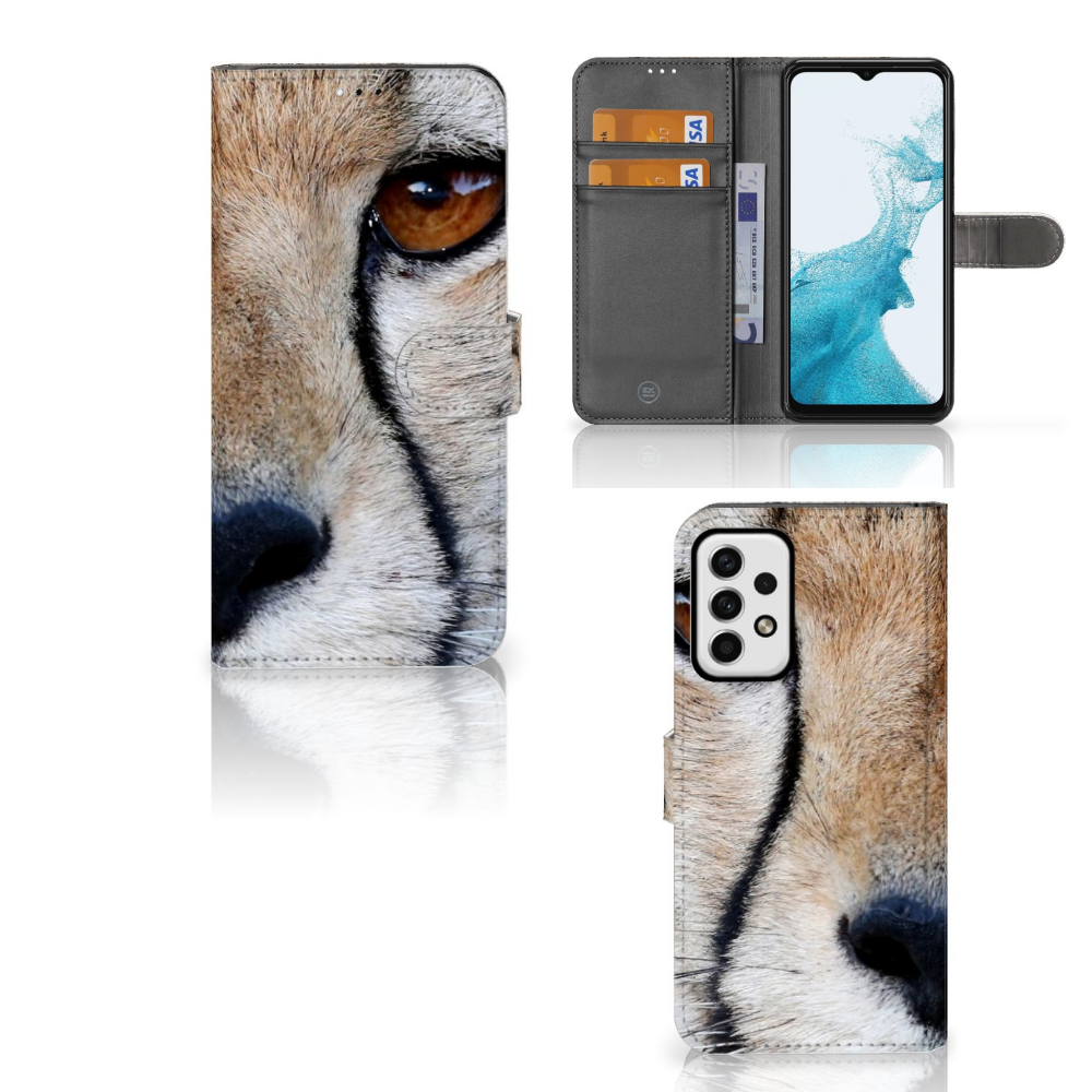 Samsung Galaxy A23 Telefoonhoesje met Pasjes Cheetah met close-up van cheetaoog aan de voorkant en pasjes ruimte.