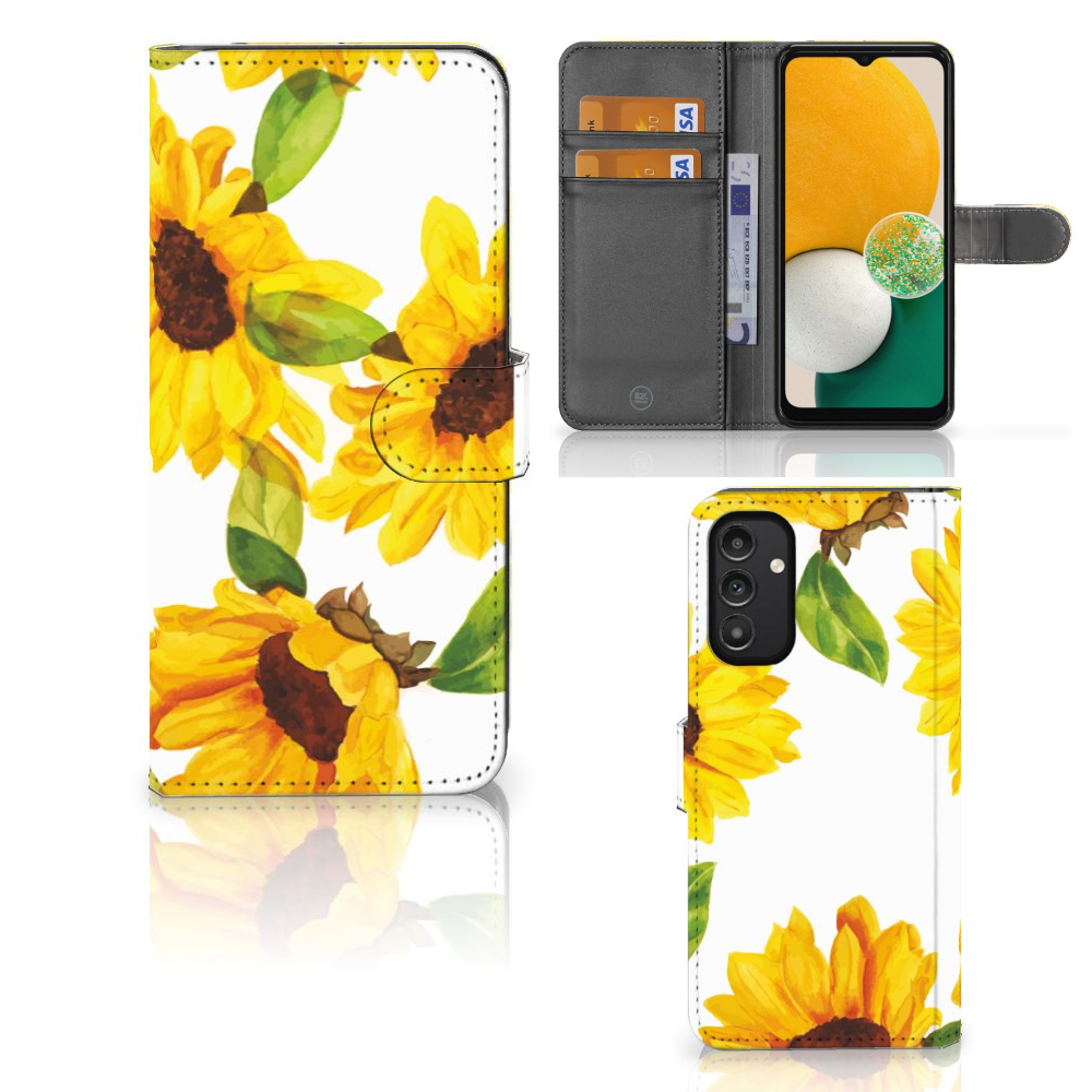 Hoesje voor Samsung Galaxy A14 4G Zonnebloemen met zonnig design en ruimte voor pasjes.