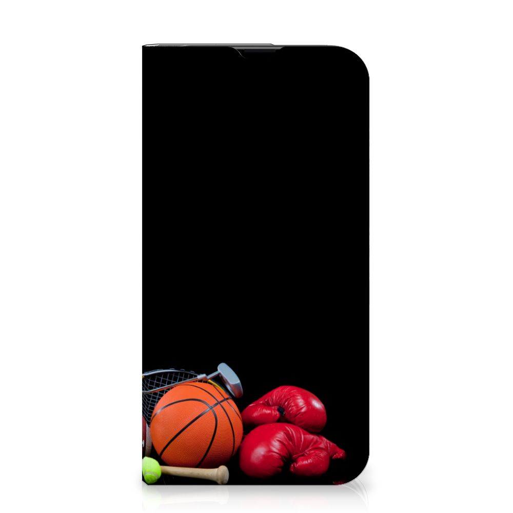 iPhone 13 Pro Hippe Standcase Sports design met sportafbeeldingen zoals basketbal en bokshandschoenen.