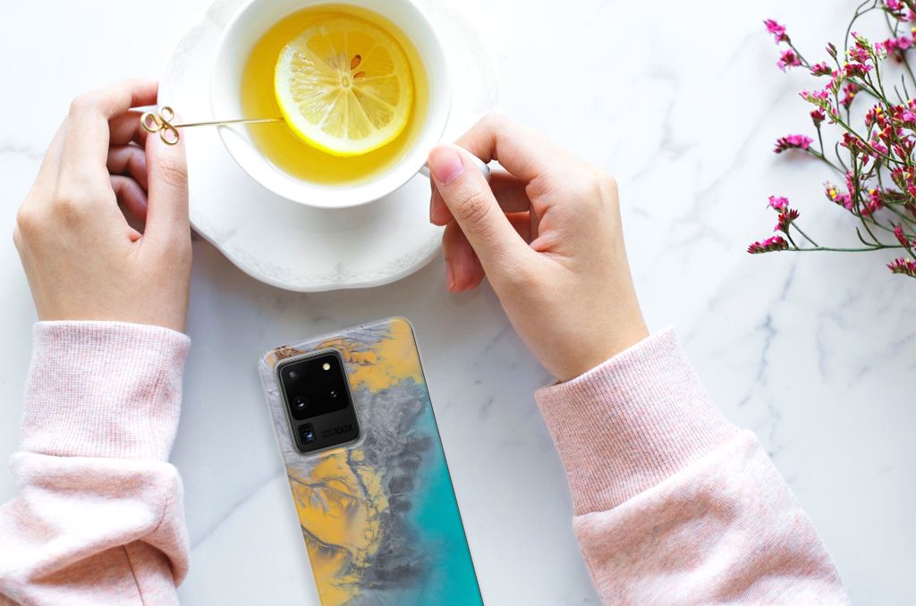 Samsung Galaxy S20 Ultra TPU Siliconen Hoesje Marble Blue Gold B2C Telecom