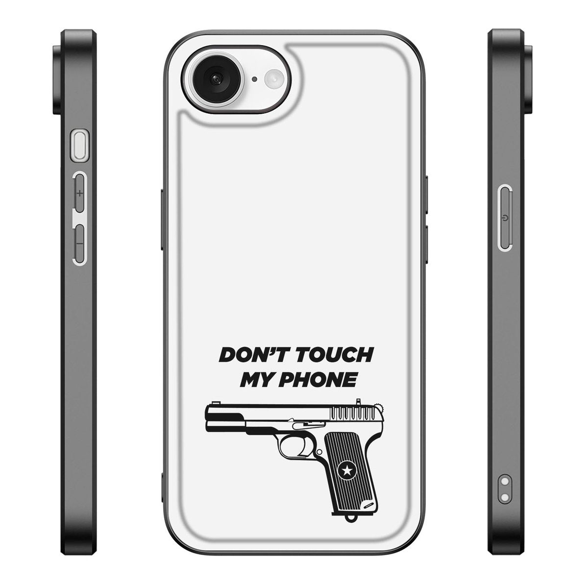 iPhone 16e Telefoon Hoesje Pistol DTMP met Don't Touch My Phone print en zwarte randen voor bescherming.
