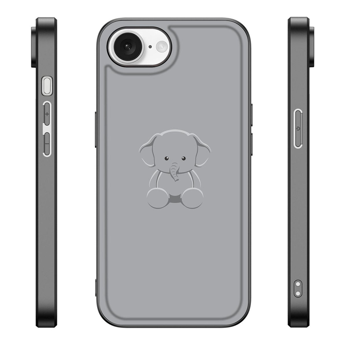 iPhone 16e Hoesje Grijs Baby Olifant met schattige olifant illustratie en zwarte randen voor bescherming.
