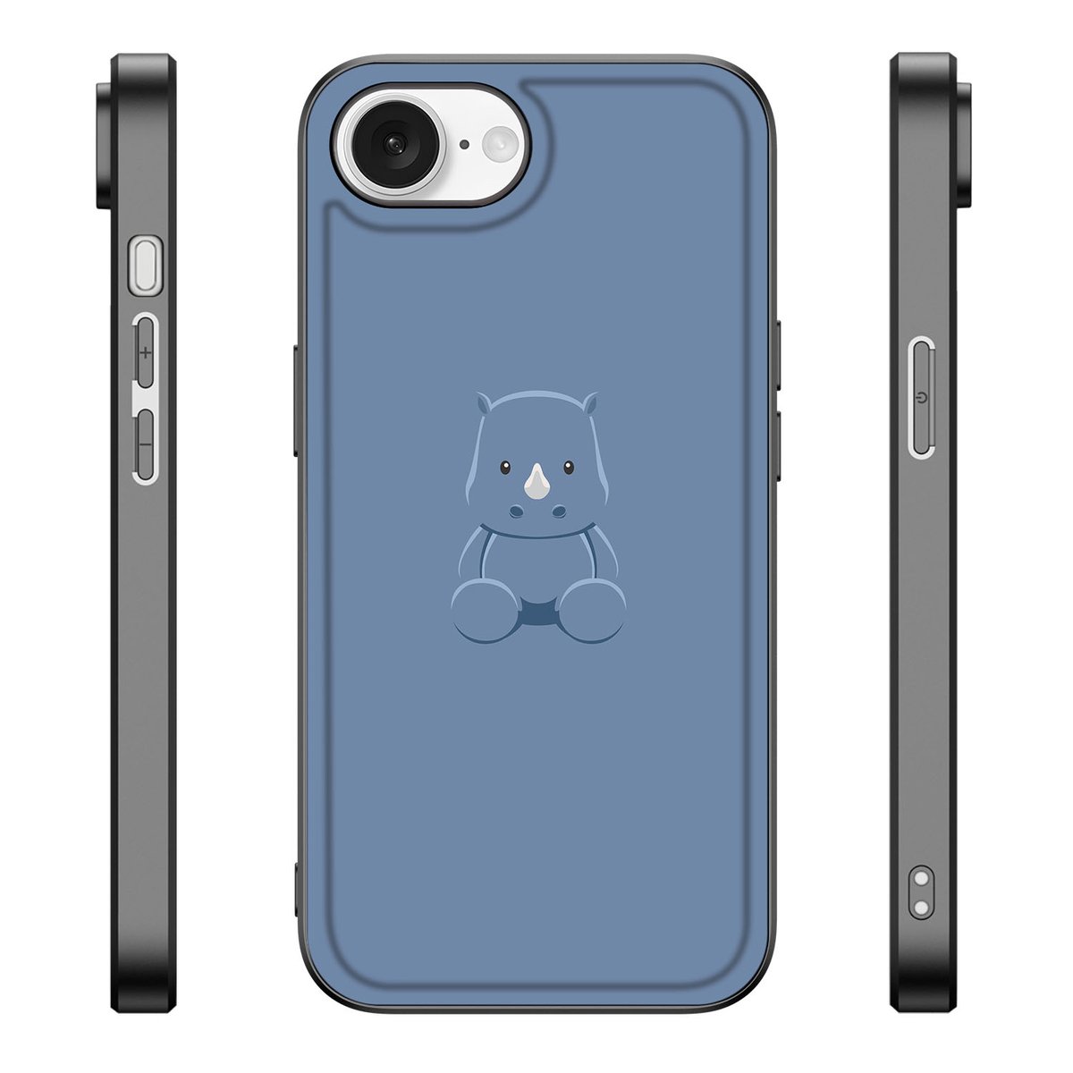 iPhone 16e Hoesje Baby Rhino met schattige illustratie van een babyneushoorn in blauw