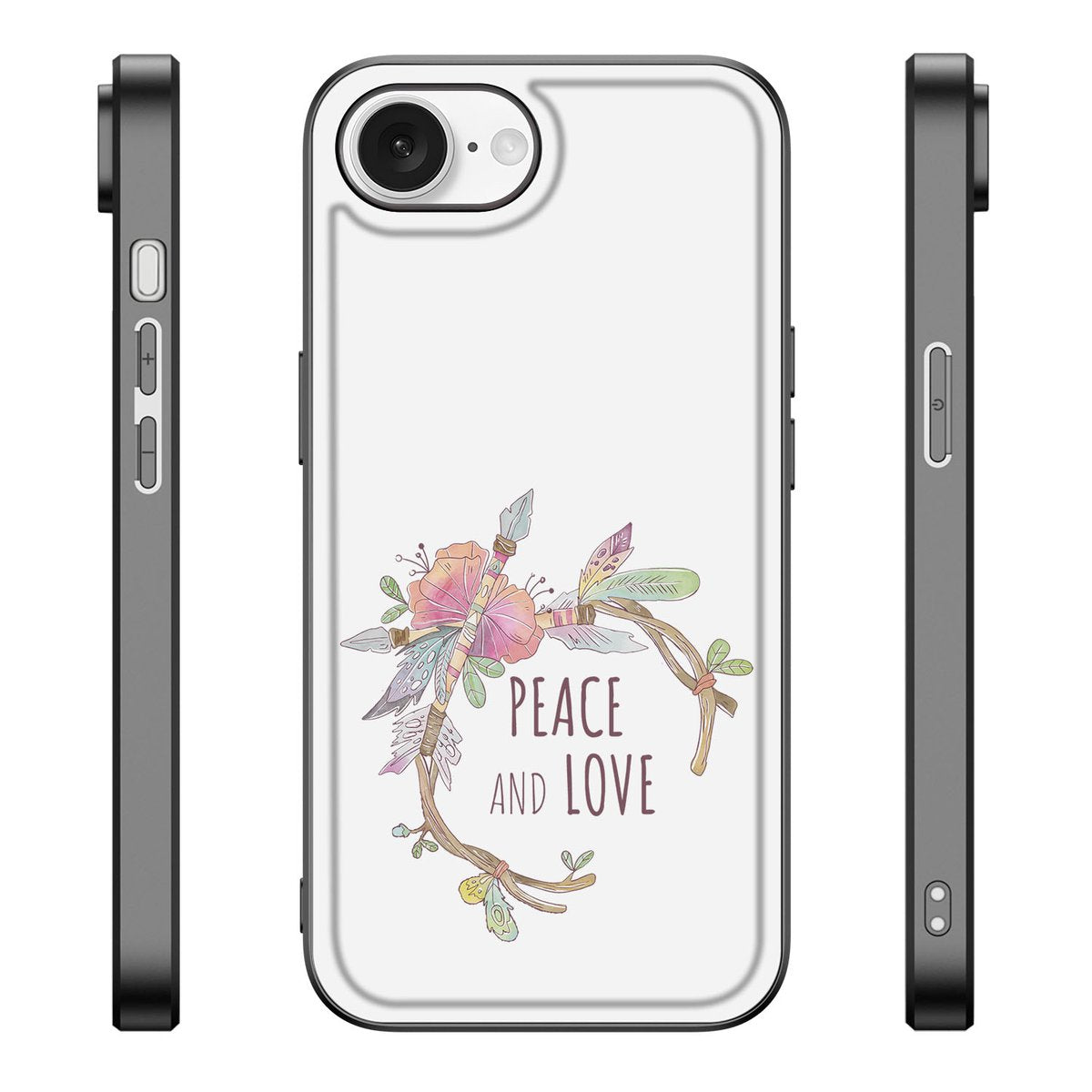 iPhone 16e Hoesje Boho Text met illustratie van bloemen en tekst 'Peace and Love' op een schild
