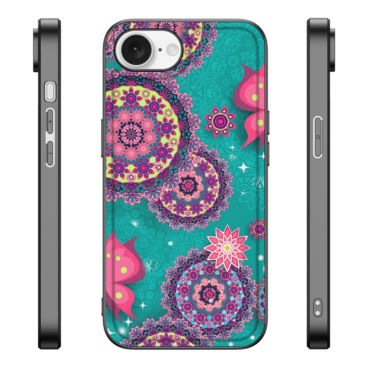 iPhone 16e Leuk Telefoonhoesje Cirkels en Vlinders met kleurrijke cirkels en vlinders op een turquoise achtergrond.