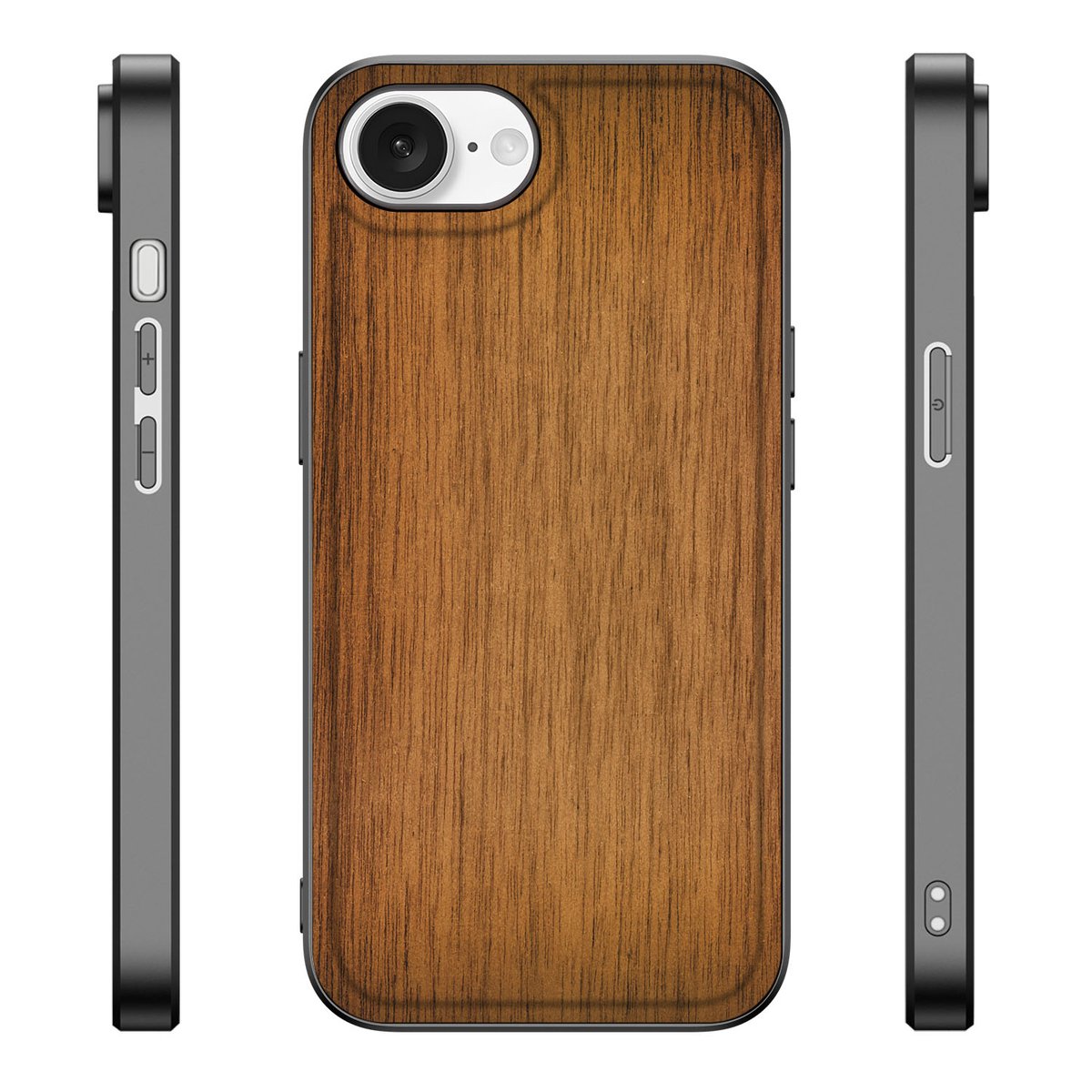 iPhone 16e Houten Print Telefoonhoesje Donker Hout met een uniek houtpatroon en zwarte randen voor bescherming.