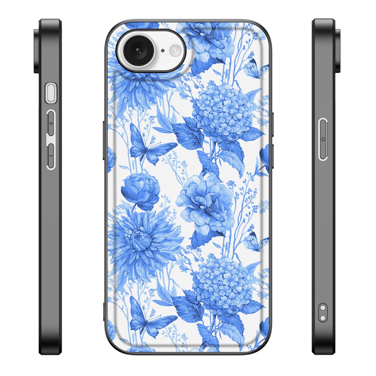 Bloemen Hoesje voor iPhone 16e Flowers Blue met blauwe bloemenprint en vlinders rondom.