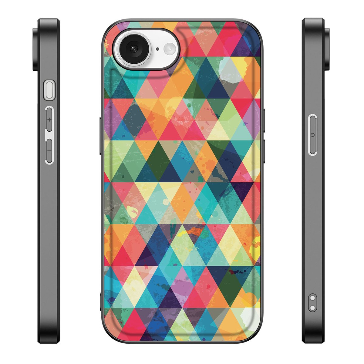 iPhone 16e Back Case Geruit, opvallend back cover met kleurrijke driehoekige patronen, speciaal voor Apple iPhone 16e.