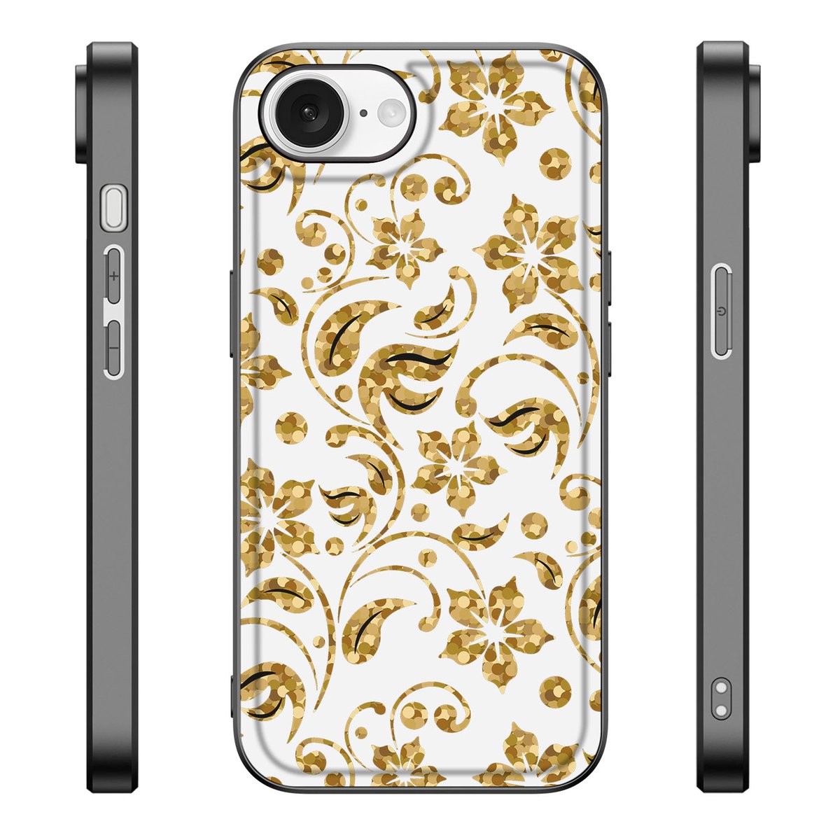 iPhone 16e Bloemen Hoesje Gouden Bloemen met bloemenprint en zwarte randen, schokabsorberend design.