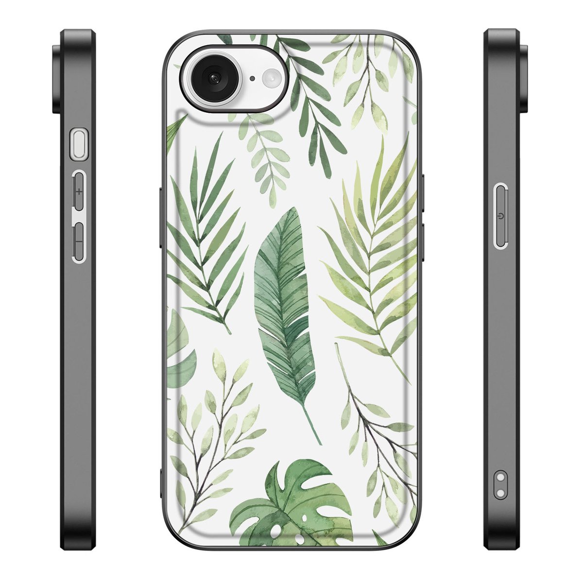 iPhone 16e Bloemen Hoesje Leaves met bladerenprint en zwarte randen, ontworpen voor bescherming en stijl.