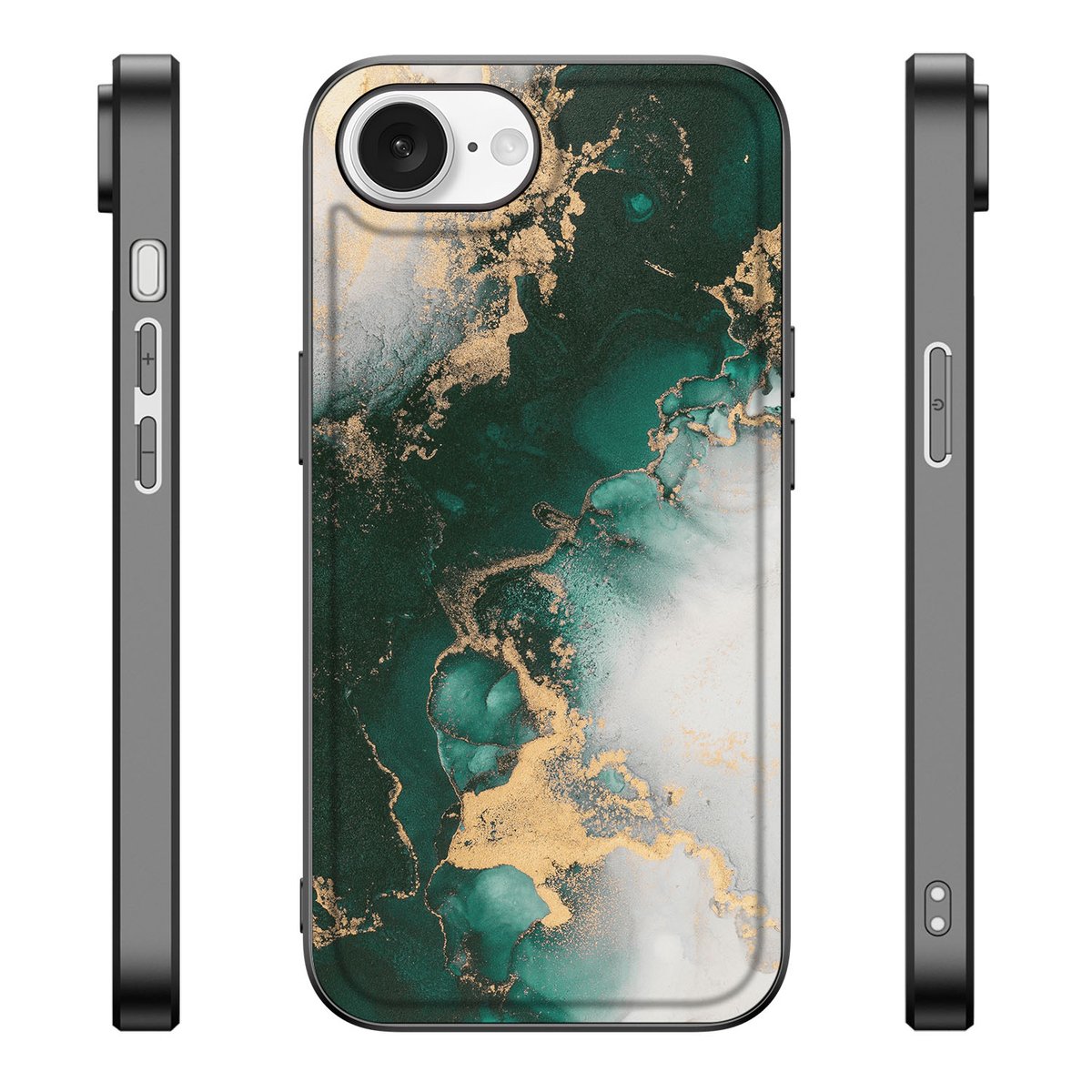 Marmeren Print Telefoonhoesje voor iPhone 16e Marmer Groen met een groen en gouden marmerdesign.
