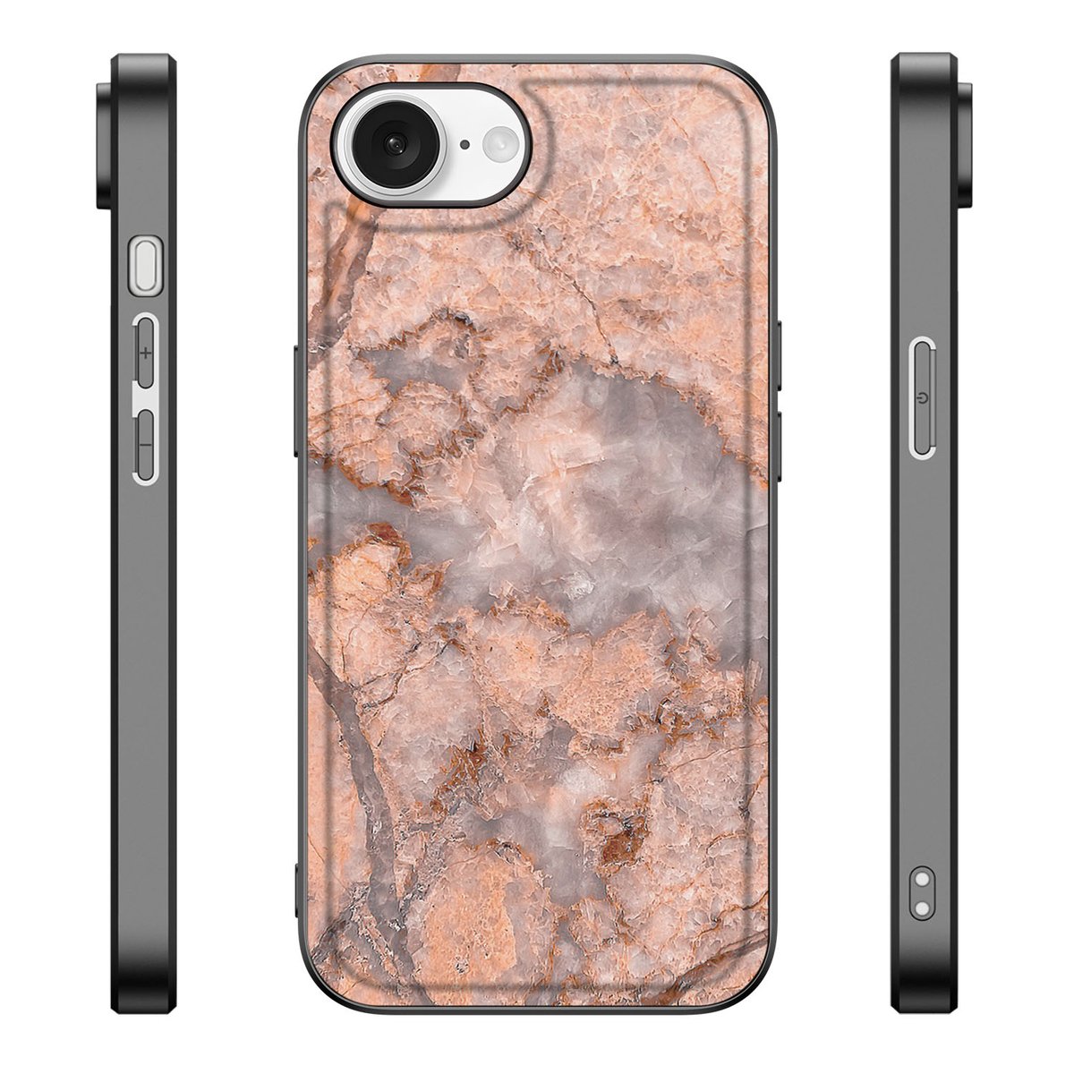 iPhone 16e Marmeren Print Telefoonhoesje Marmer Oranje, zij- en achterkant met marmerdesign in oranje tinten.