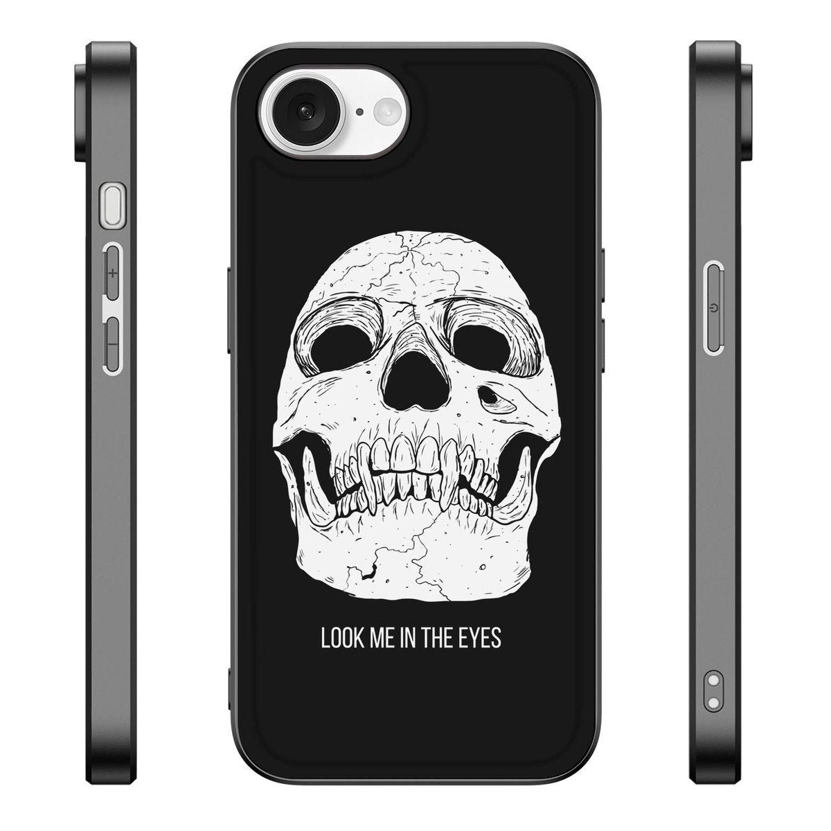 Telefoonhoesje iPhone 16e Skull Eyes met skull design en tekst 'LOOK ME IN THE EYES' op zwarte achtergrond.