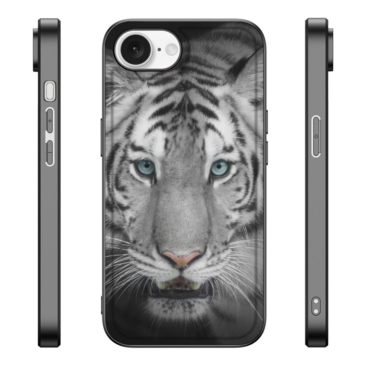 iPhone 16e Dierenprint Telefoonhoesje Tijger met afbeelding van een witte tijger en strakke zwarte randen.