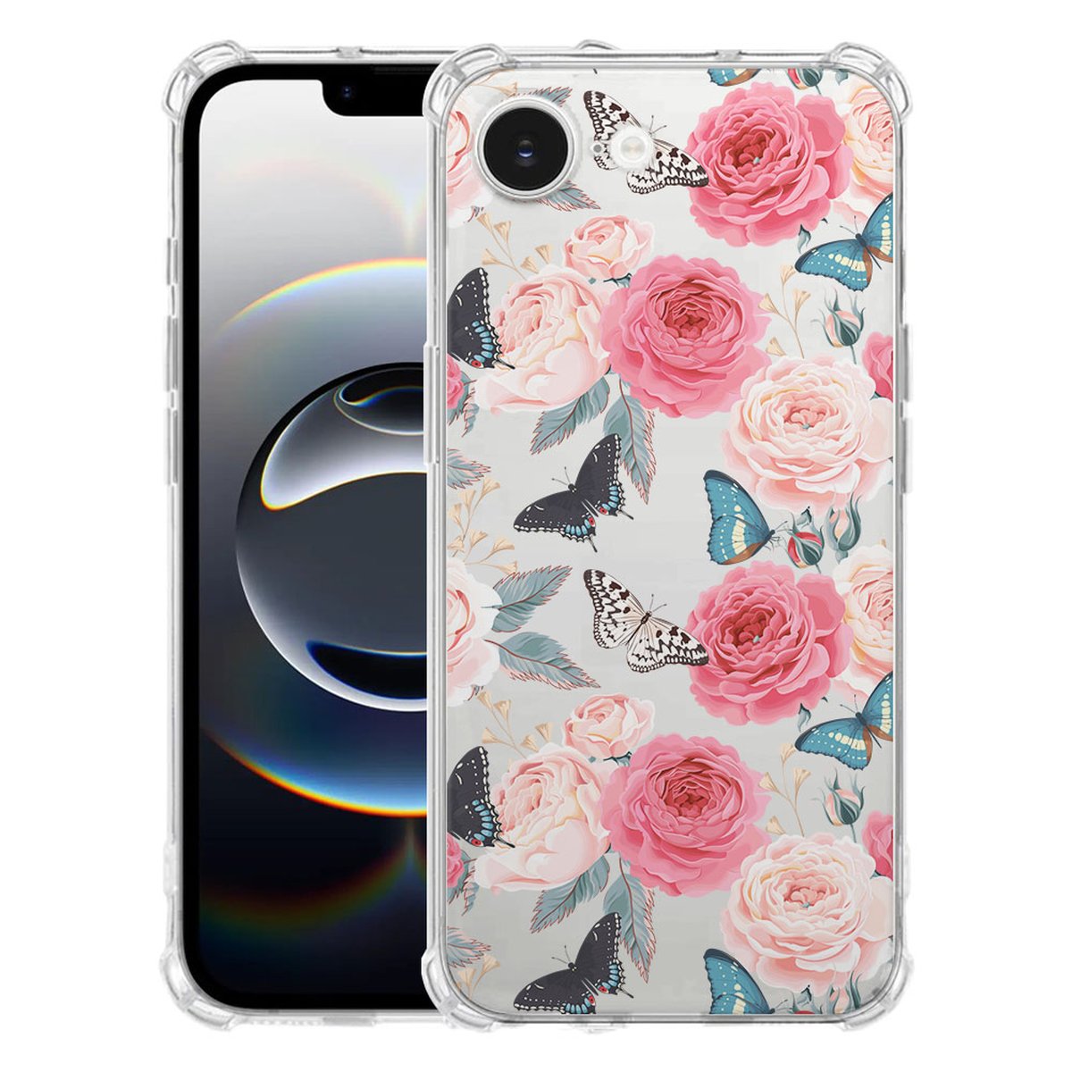 Apple iPhone 16e Hoesje - Butterfly Roses TPU Antishock met bloemenprint en vlinders, geschikt voor vrouwen.