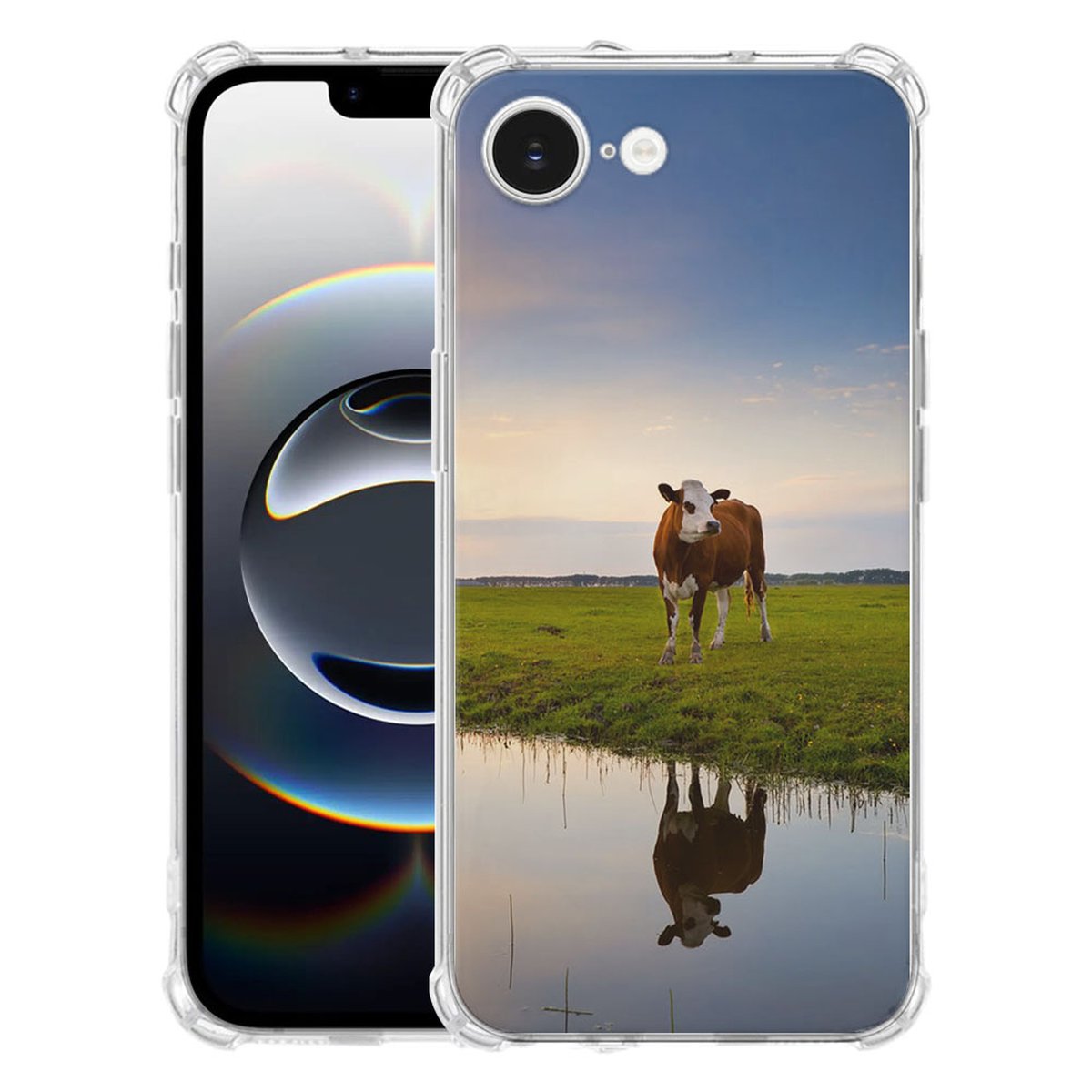 Apple iPhone 16e Hoesje - Koe TPU Antishock met koe op de achtergrond en transparante randen.