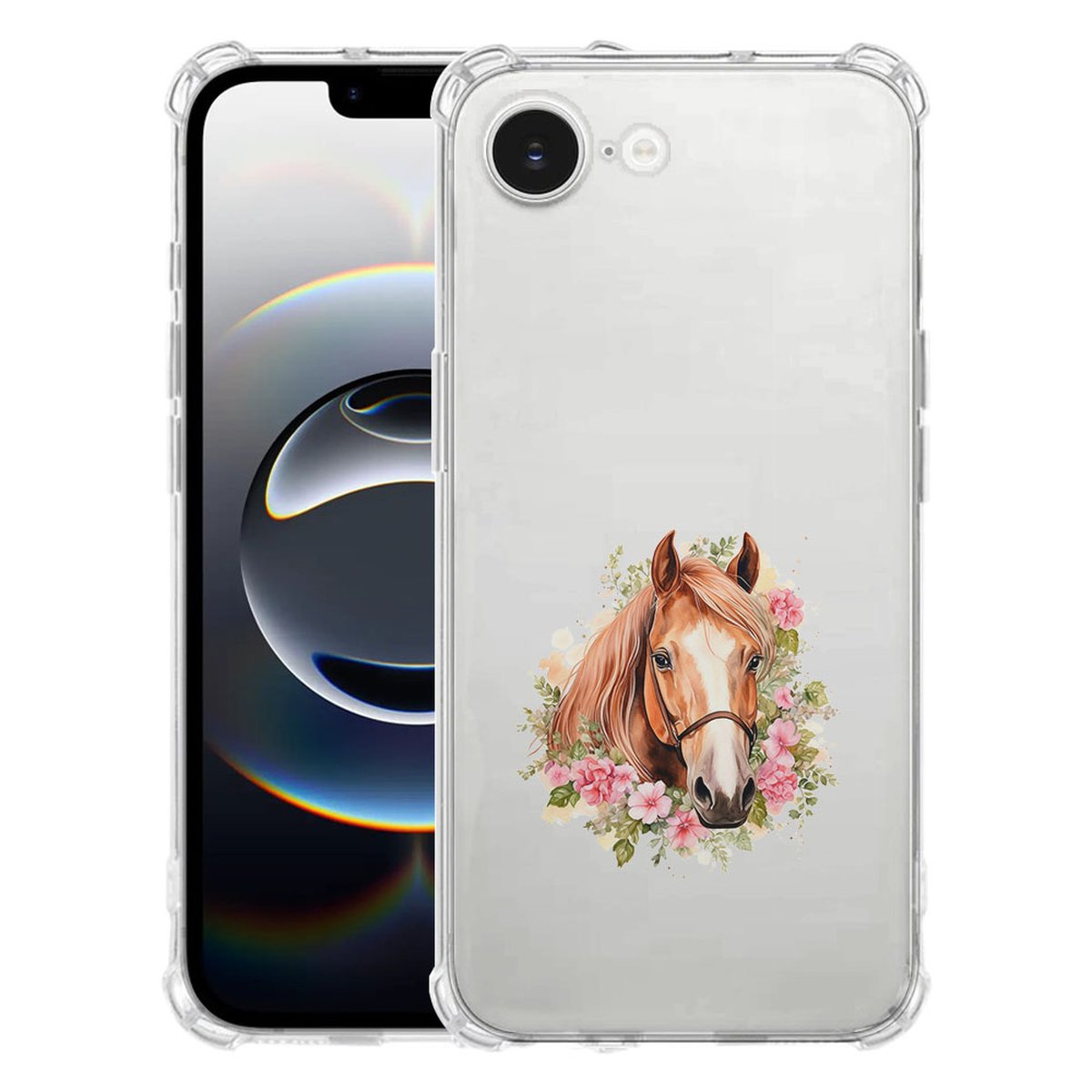 Apple iPhone 16e Hoesje - Paard TPU Antishock met paardenafbeelding en bloemen op een doorzichtig hoesje.