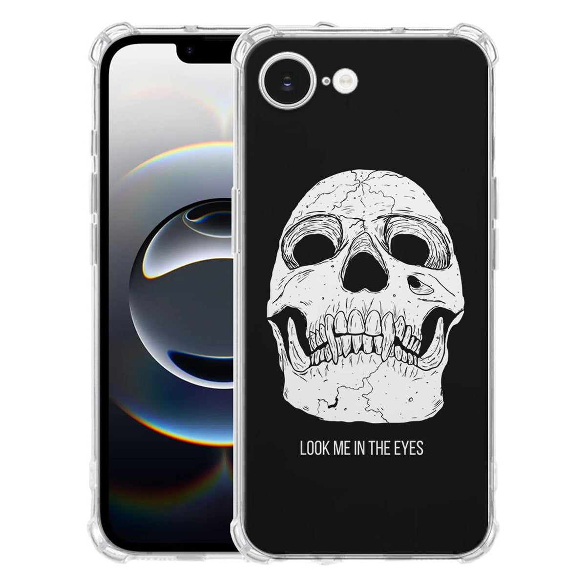 Apple iPhone 16e Hoesje - Skull Eyes TPU Antishock met een opvallend skeletontwerp en antischokfunctie.