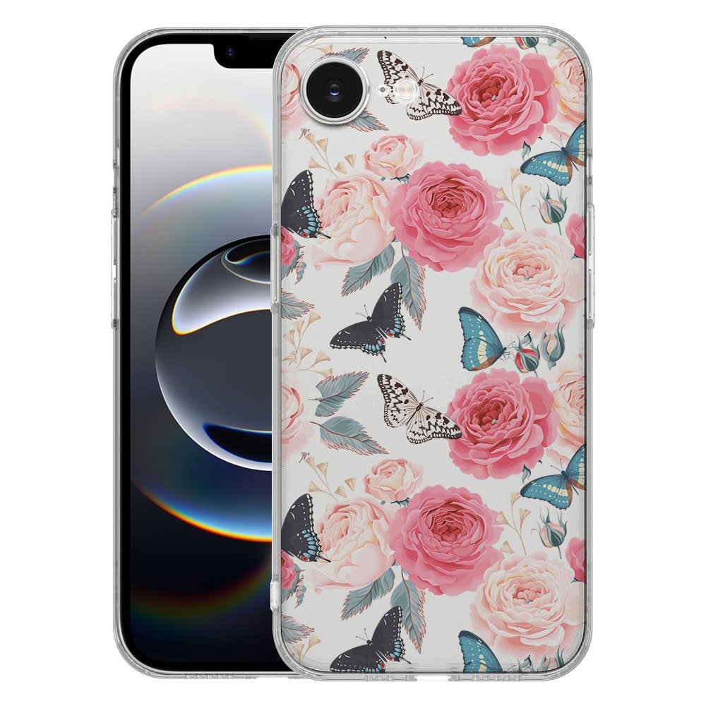 TPU Hoesje iPhone 16e - Butterfly Roses Backcover met fraaie rozen en vlinders design.