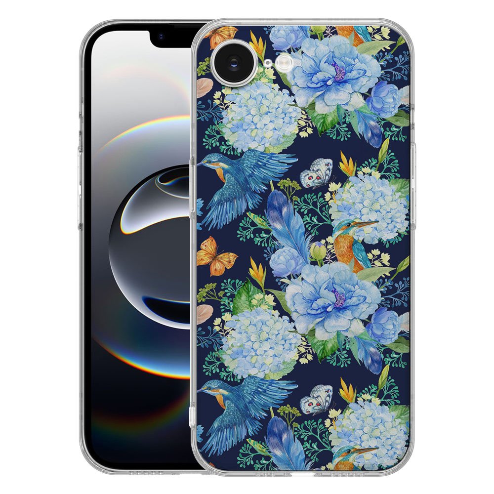 TPU Hoesje iPhone 16e - IJsvogel Backcover met levendig bloemen- en ijsvogelontwerp.