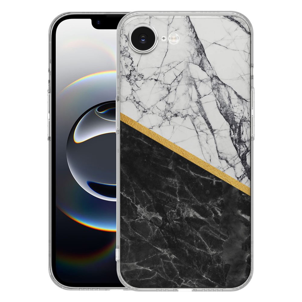 TPU Hoesje iPhone 16e - Marble White Black Backcover met elegant marmerdesign en gouden accent