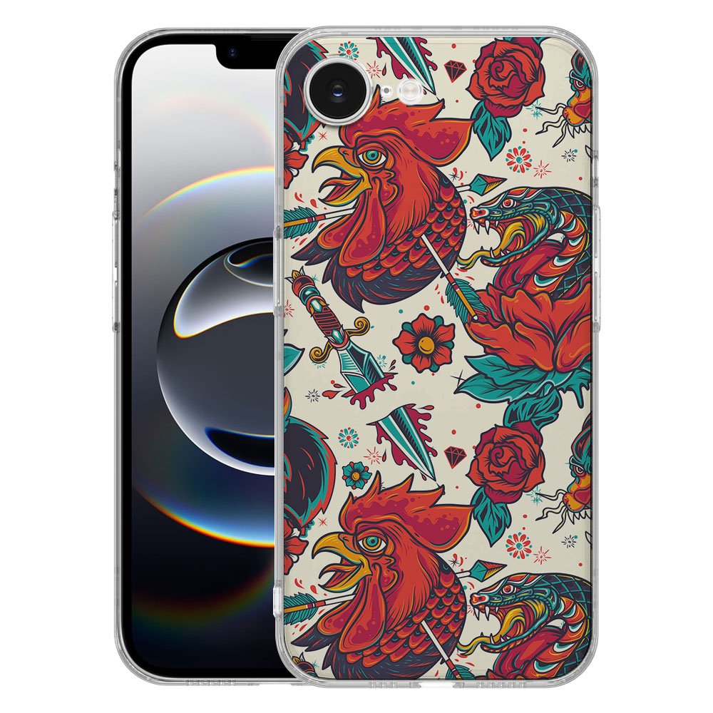 TPU Hoesje iPhone 16e - Old Skool Backcover met kleurrijke tattoo-stijl ontwerp, perfect voor retro liefhebbers.