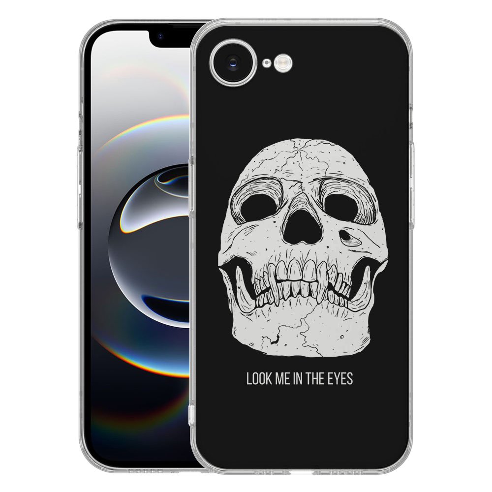 TPU Hoesje iPhone 16e - Skull Eyes Backcover met unieke schedelafbeelding en tekst 'LOOK ME IN THE EYES'.