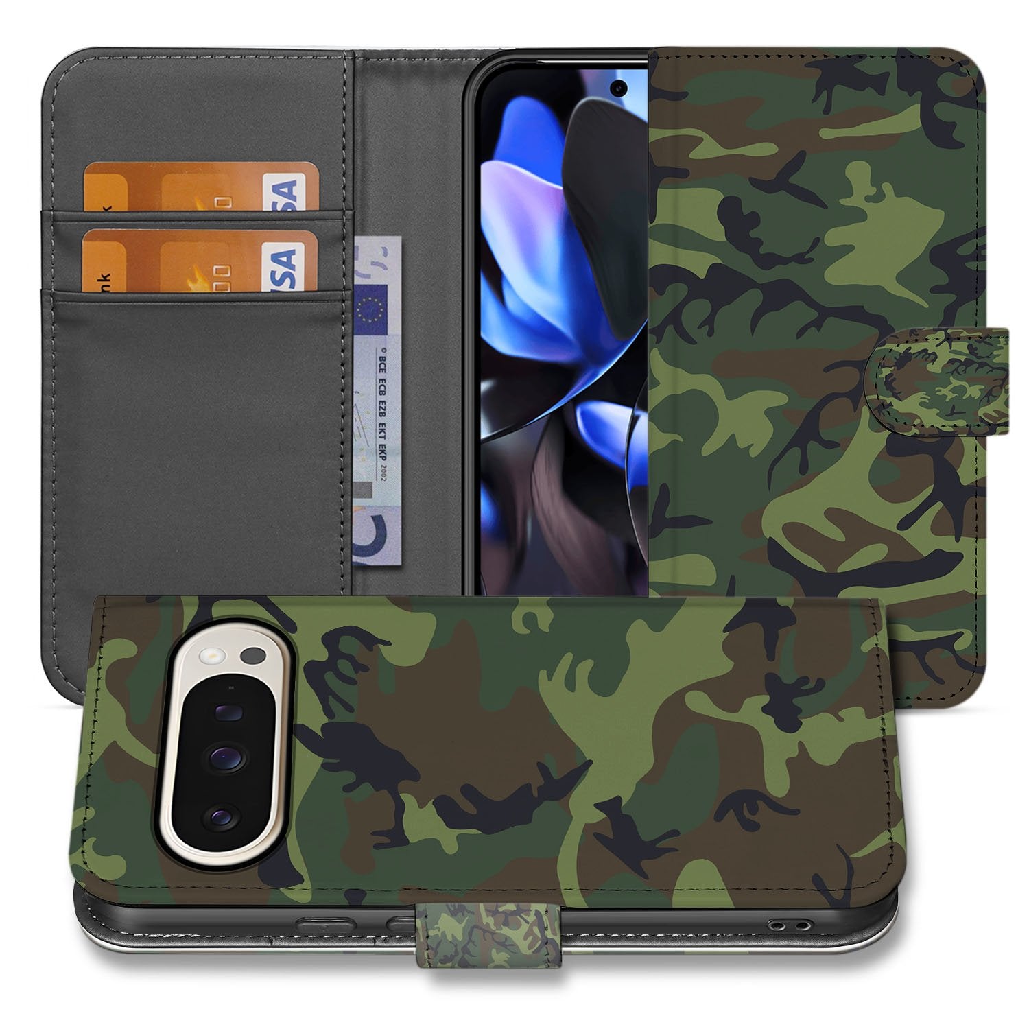 Google Pixel 10 Pro XL Book Case Camouflage Leger voorzijde en achterzijde